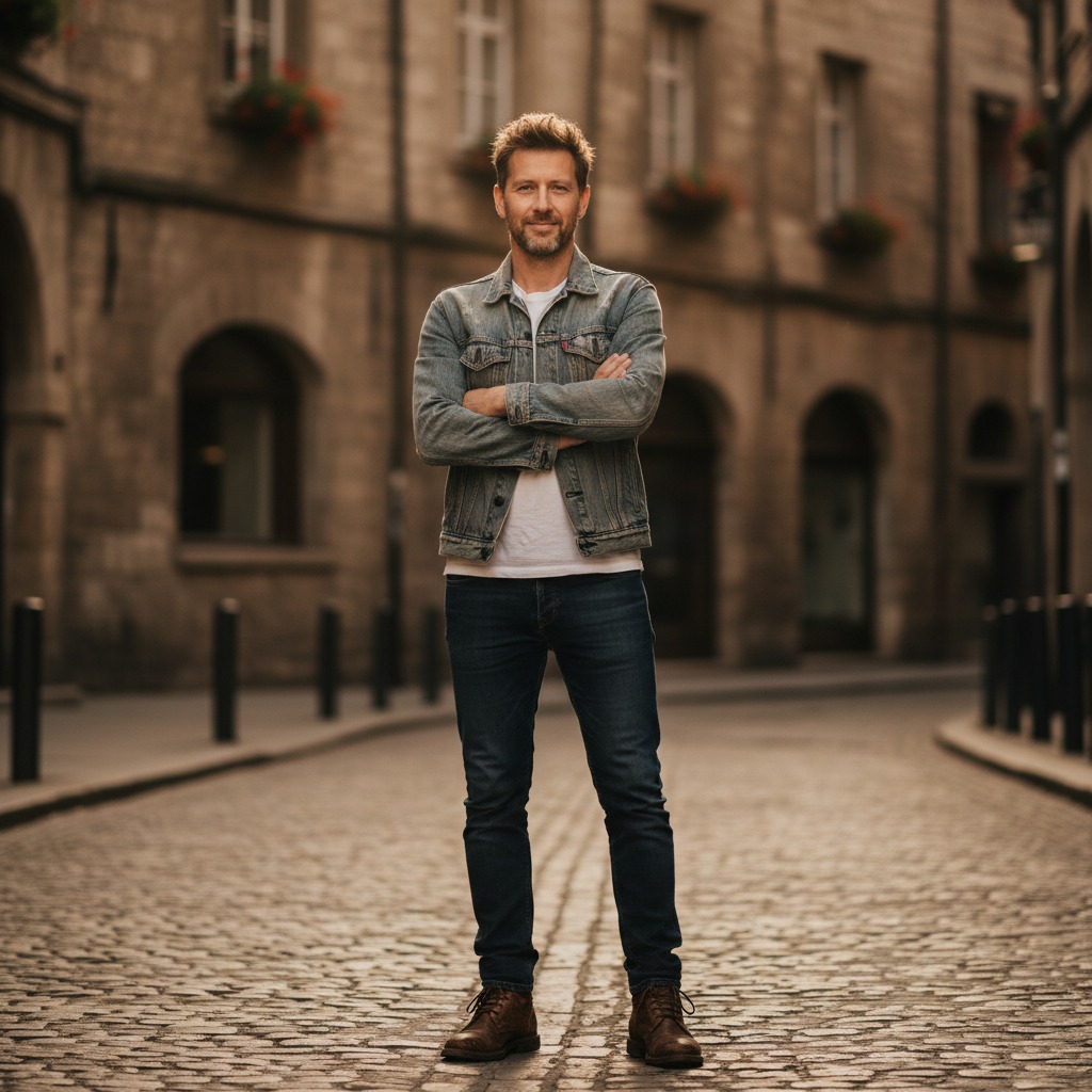Um homem de meia-idade com jaqueta jeans e braços cruzados posa em pé em uma rua de paralelepípedos com edifícios antigos ao fundo.